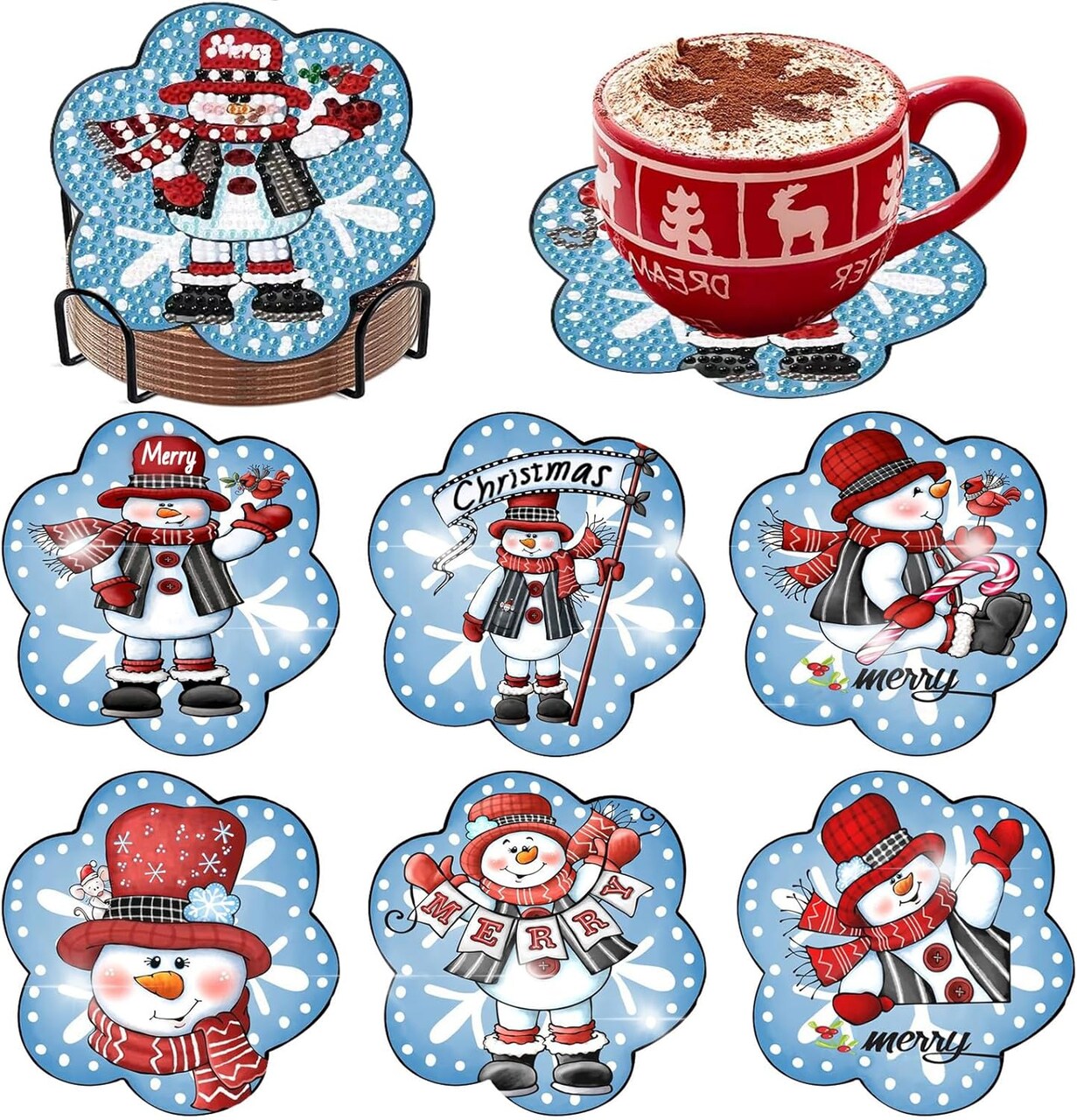 6 Pcs Diamond Art Coasters Kits with Holder – Christmas Snowman 5D Diamond Painting Coaster Set with Cork Pads for Adults & Beginners, DIY Gem Art Craft Supplies